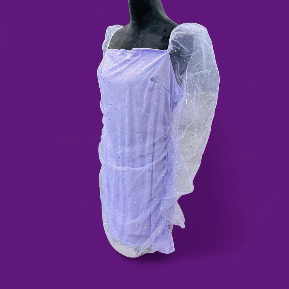 Lavender Sparkle Mini Dress with Sheer Puff Sleeves - Picture 2 of 10